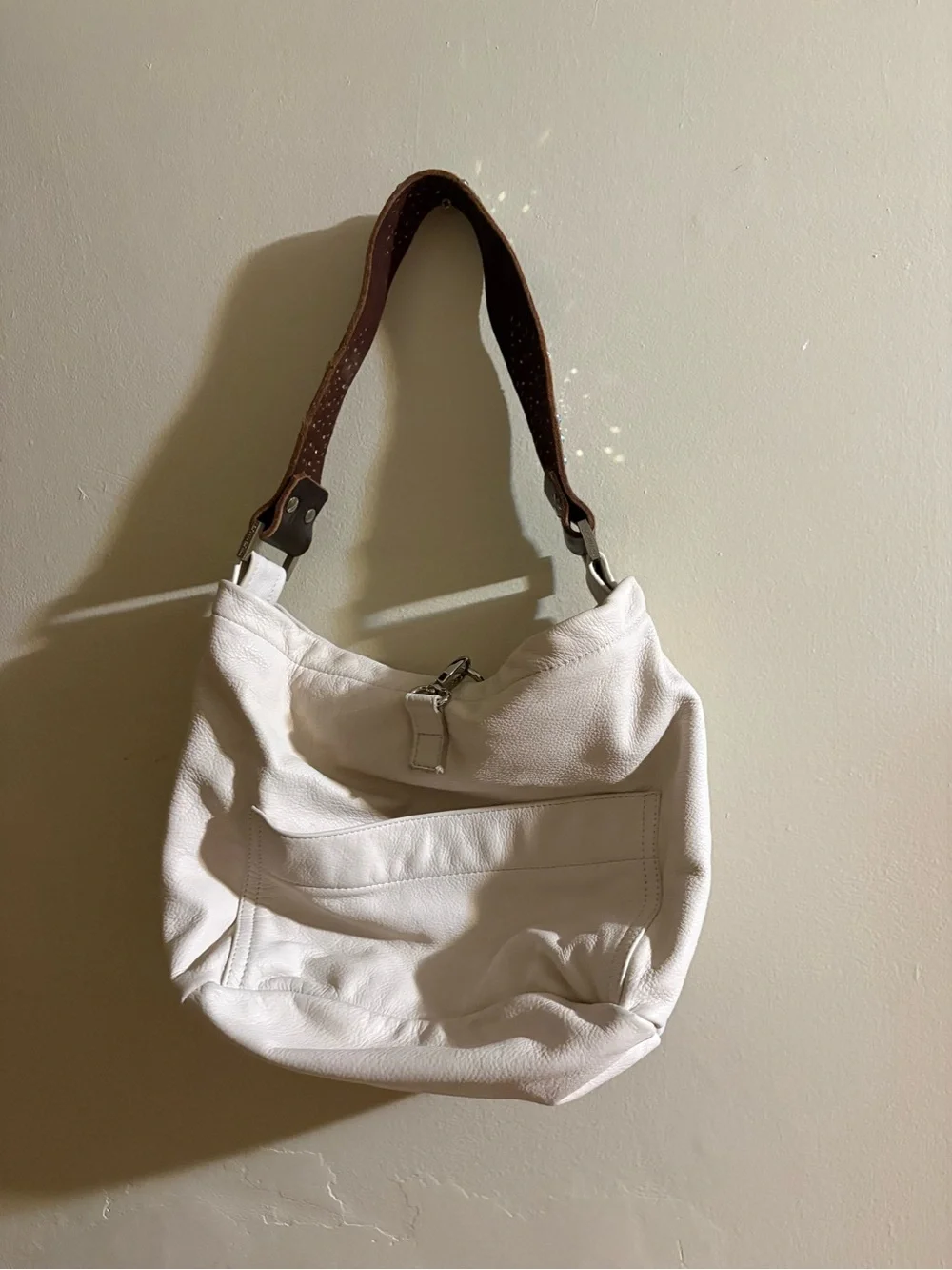 Tylie Malibu Women's Cream Leather Hobo Bag with Embellished Brown Strap